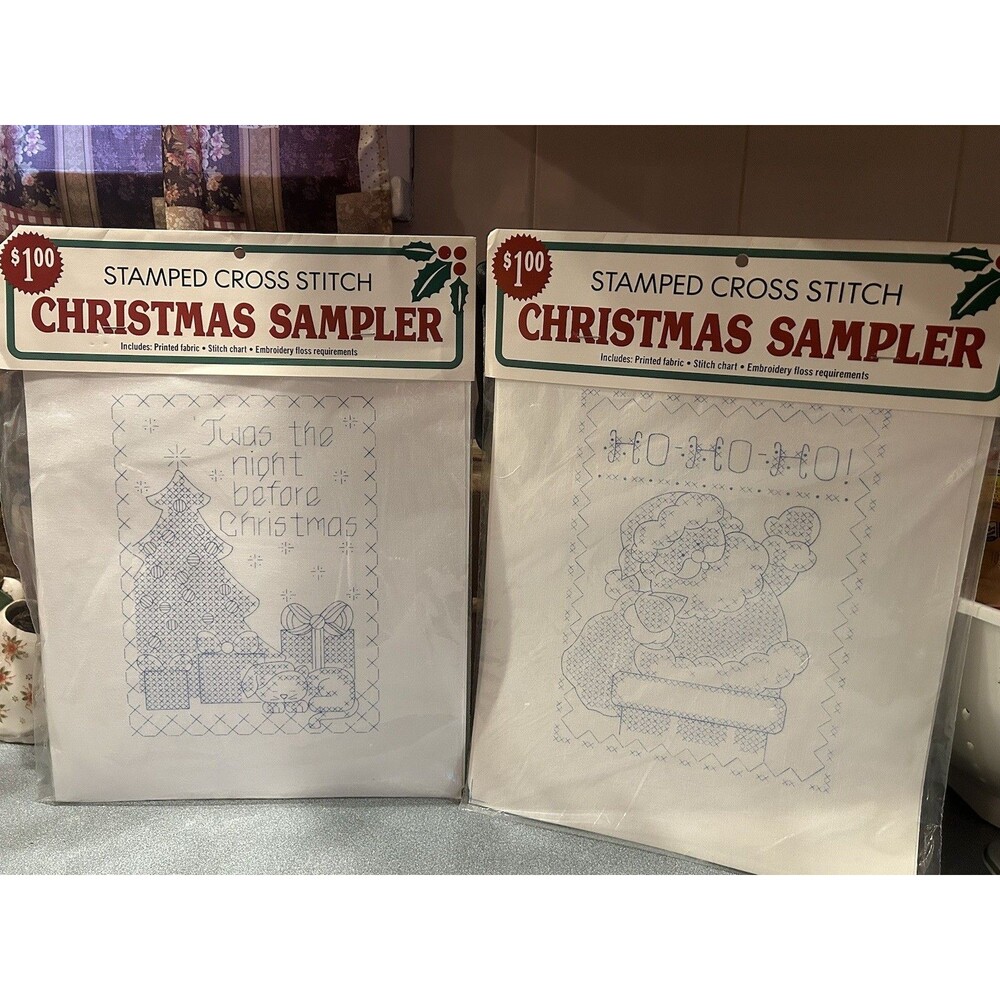 Vintage Bucilla Stamped Cross Stitch Christmas Sampler Lot Of 2